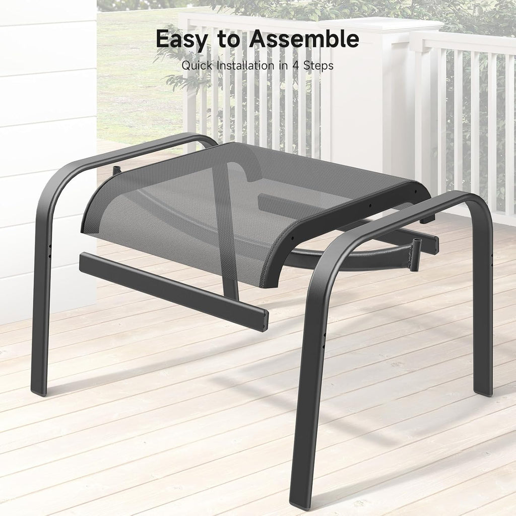 ONBRILL Outdoor Ottoman Set of 2, All Weather Outdoor Foot Stool with Supportive Textliene and Metal Frame, Stackable Oversized Outdoor Foot Rest for Furniture Patio Garden Pool, Grey