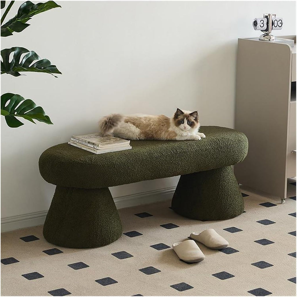 Modern Bench for Bedroom End of Bed, Ottoman with Boucle Fabric, Faux Fur of, Upholstered Entryway for Living Room Entryway(Dark Green)