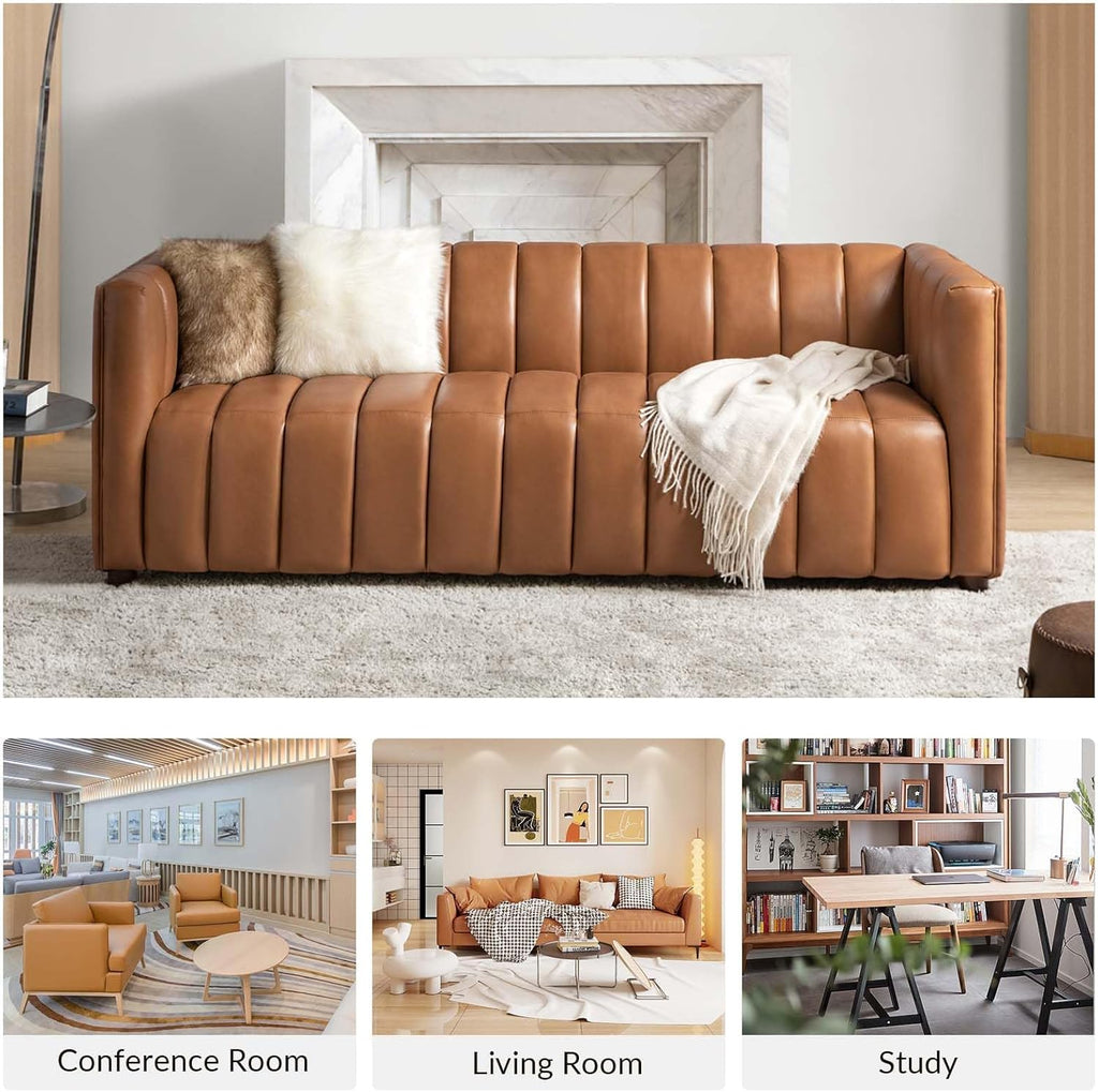 HULALA HOME 83" Genuine Leather Sofa with Channel Tufted Design, Camel