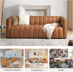 HULALA HOME 83" Genuine Leather Sofa with Channel Tufted Design, Camel