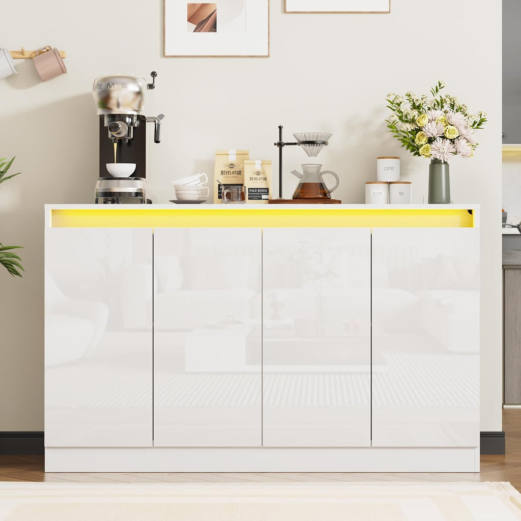Furnify 51" W Buffet Cabinet with 4 Doors, High Gloss Dorr Sideboard Coffee Bar with LED Lights & Charging Station, Handless Modern Sideboard Storage Cabinet for Living Room, Entryway, White