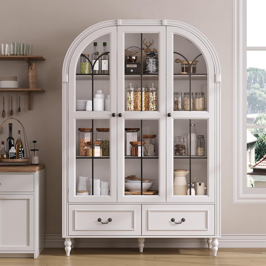 70.8'' Tall Arched Kitchen Pantry Cabinet, Large Farmhouse Storage Cabinet with Glass Doors, Display Case, Wood Bookshelf with 2 Drawers & Adjustable Shelves, Kitchen Pantry for Living Room, White