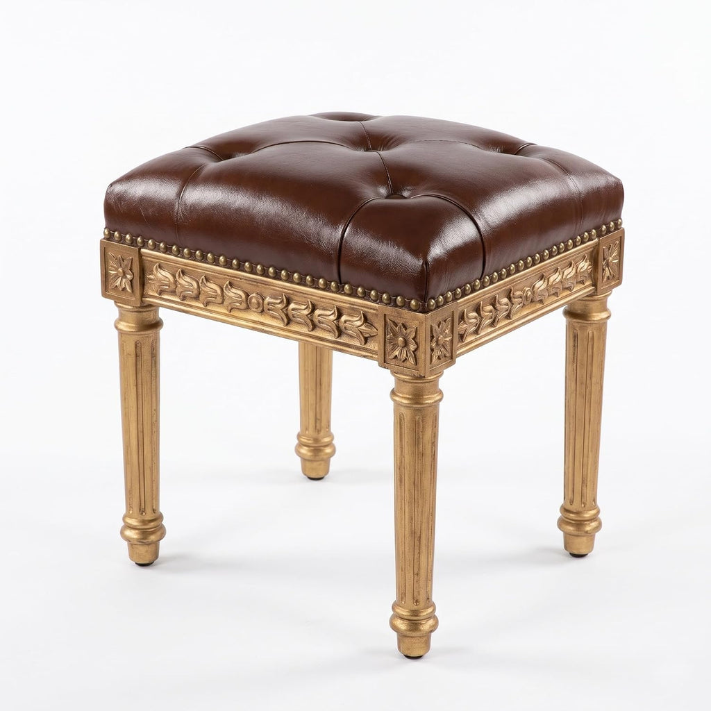 Vanity Stool, French Vintage Square Stool with Cushion, Round Tufted Upholstered for Living Room Dining Room Entryway, Makeup Foot Ottomans