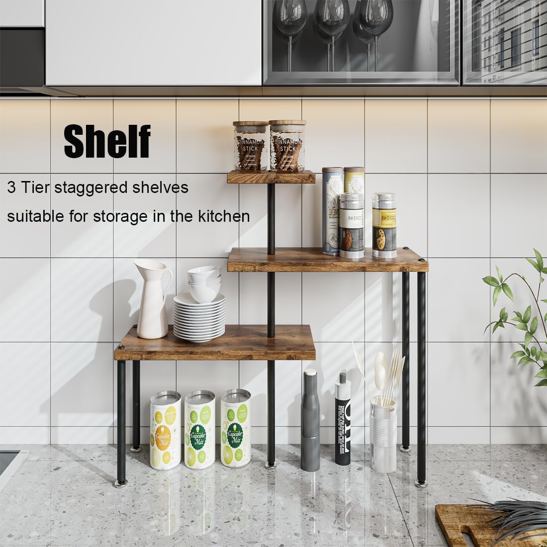 Countertop Organizer Organization 3 Tier Kitchen Corner Shelves Adjustable Spice Storage Rack for Bathroom Coffee Area Over Sink (Black)