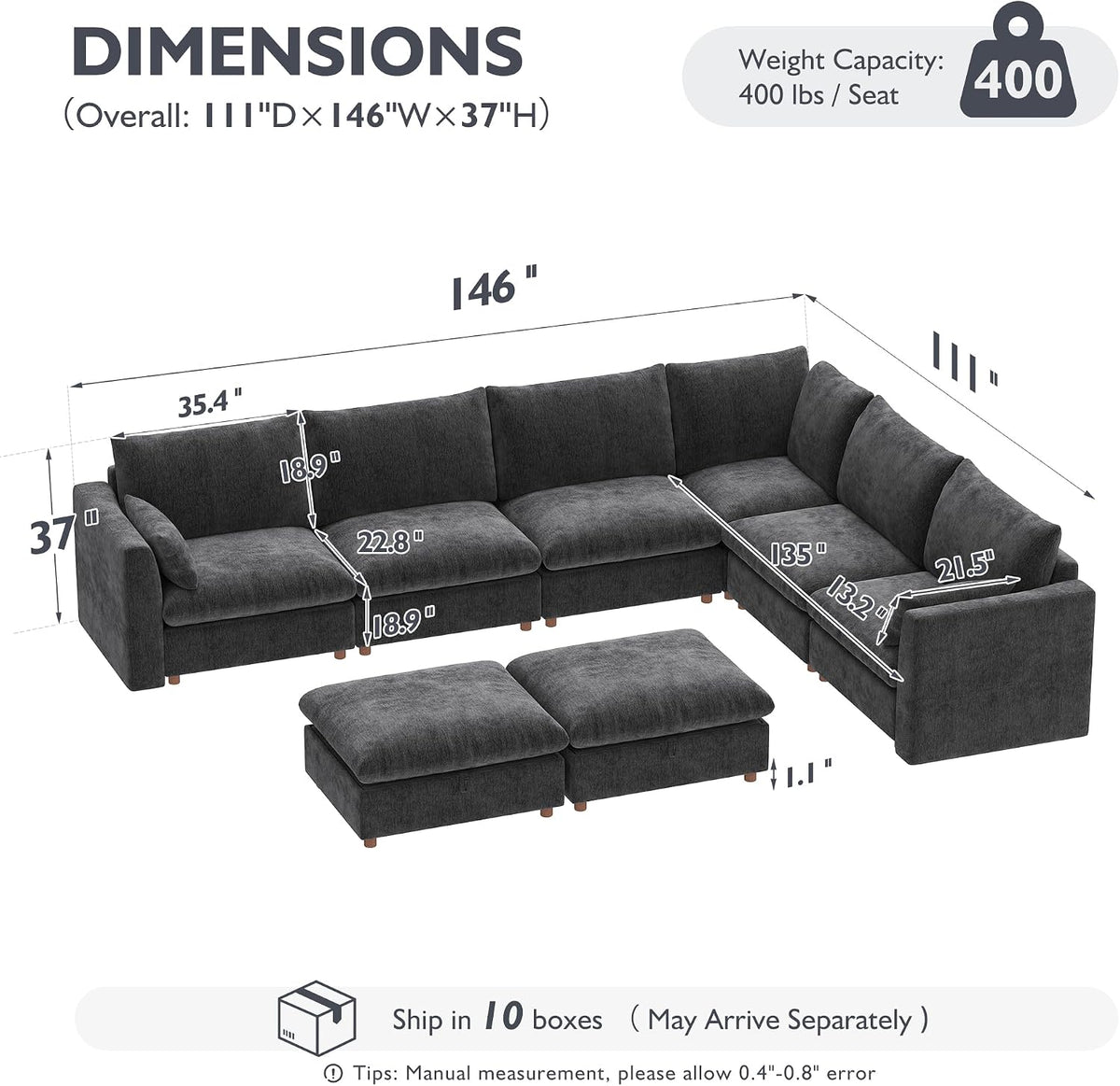 Ihanherry 146" Oversized Modular Sectional Sofa, Modern V Shaped Cloud Couch with 2 Storage Ottoman, 8-Seat Comfy Chenille Deep Seat Sofa with 2 Pillows for Living Room, Grey