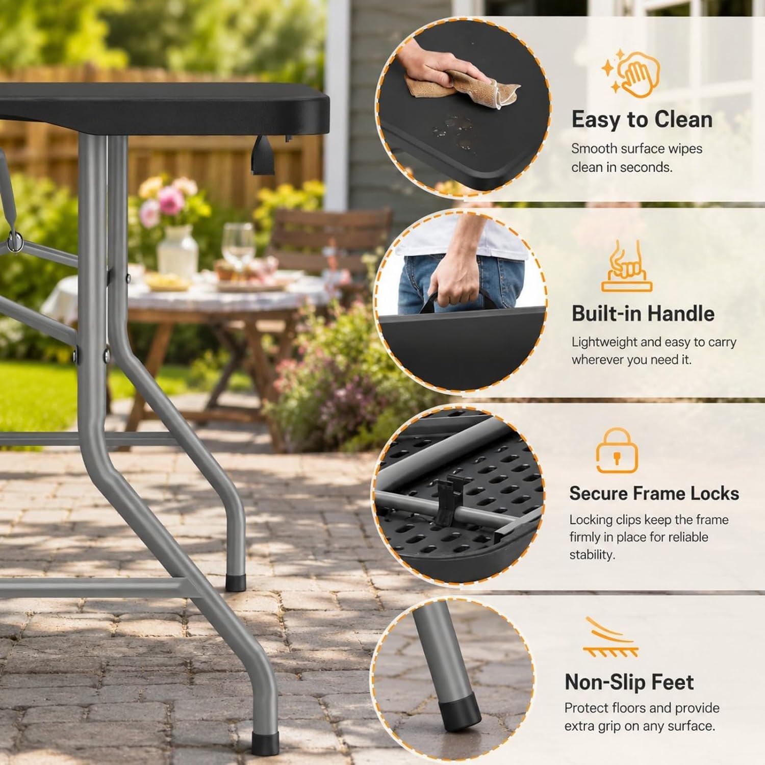 Folding Table 6ft, Heavy Duty Plastic Fold-in-Half Utility Table, Black | Portable Utility Table,HDPE Top,Carry Handle,Sturdy Steel Legs,Indoor Outdoor for Parties,Camping,Dining,Supports 330 lbs
