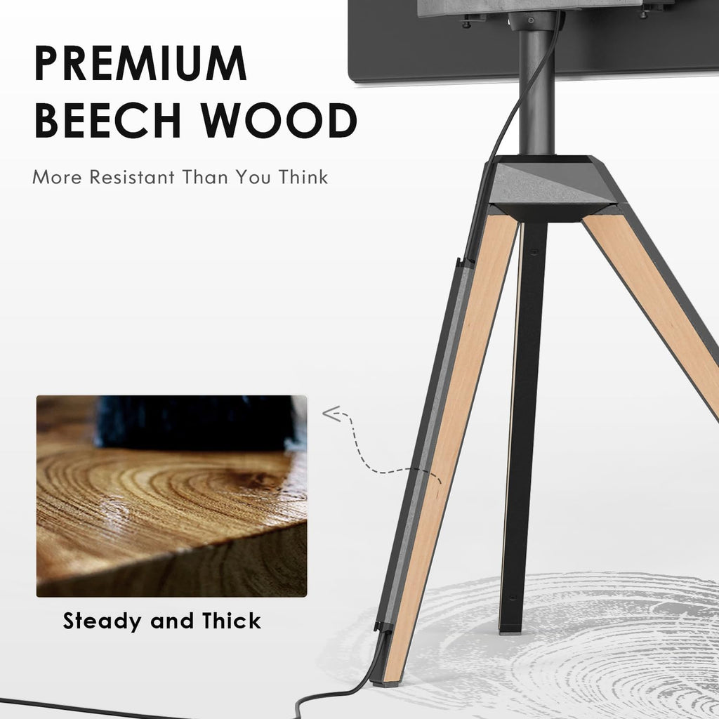 FITUEYES Corner TV Stand for 32-65 Inch TV with Height Adjustable, Oak | Tripod Easel TV Stand with Swivel, Modern Floor Mount for Bedroom Living Room, Made of beech wood, Picasso Series