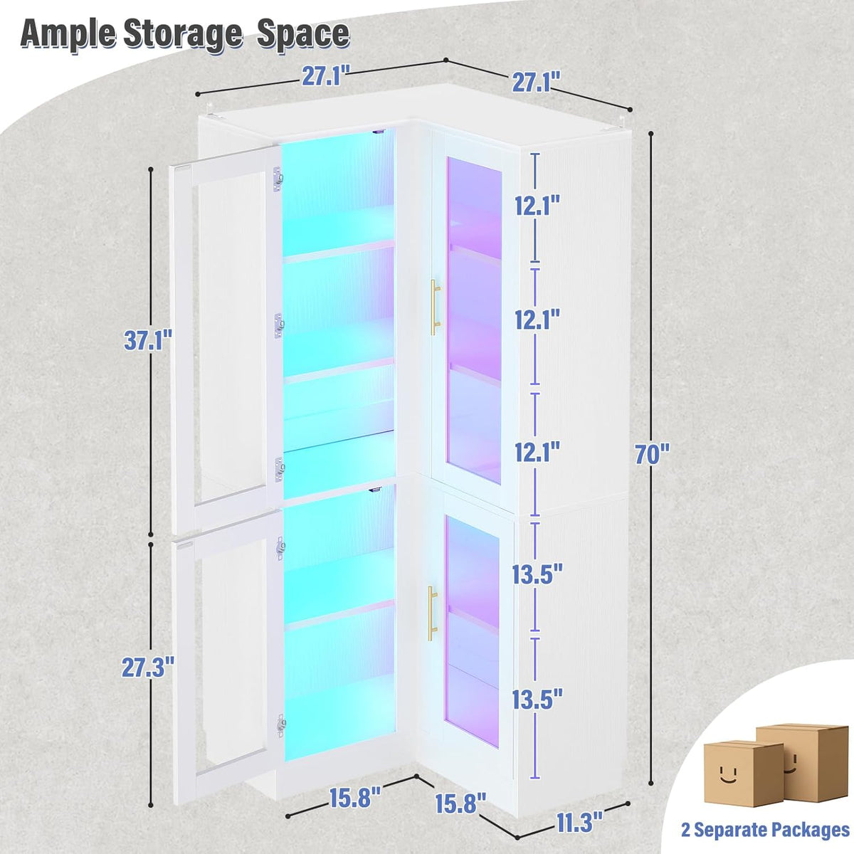 Armocity Corner Pantry Cabinet with Doors, 70" Tall Corner Storage Cabinet with LED Lights, 6-Tier Kitchen Pantry Cabinet, White