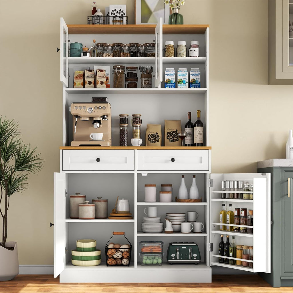Tall Kitchen Pantry Cabinet, Modern Kitchen Hutch with Microwave Stand | Pantry Storage Cabinet with 2 Darwers & Door Shelf, Food Pantry with Glass Doors & Adjustable Shelves for Dining Room, White