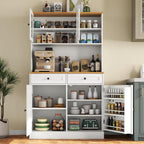 Tall Kitchen Pantry Cabinet, Modern Kitchen Hutch with Microwave Stand | Pantry Storage Cabinet with 2 Darwers & Door Shelf, Food Pantry with Glass Doors & Adjustable Shelves for Dining Room, White
