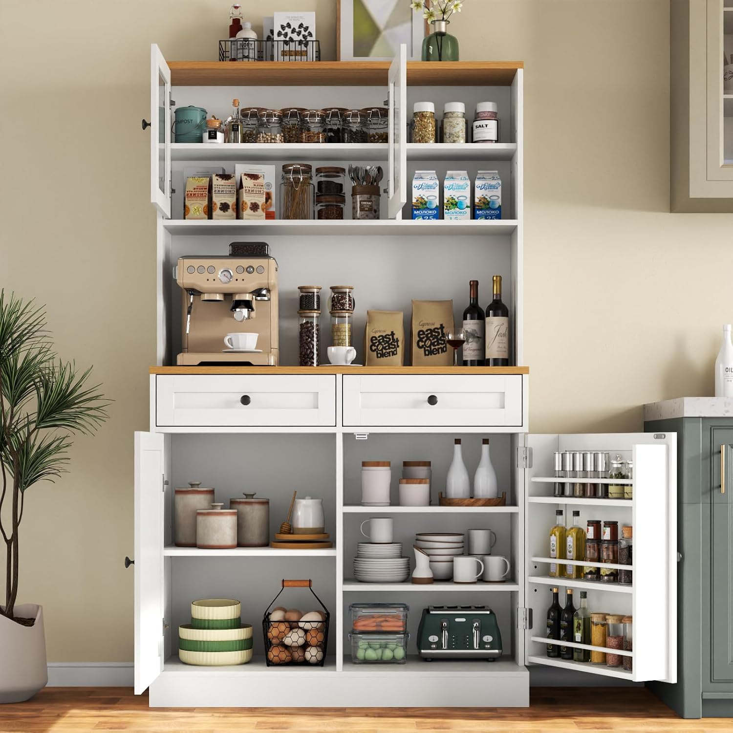 Tall Kitchen Pantry Cabinet, Modern Kitchen Hutch with Microwave Stand | Pantry Storage Cabinet with 2 Darwers & Door Shelf, Food Pantry with Glass Doors & Adjustable Shelves for Dining Room, White