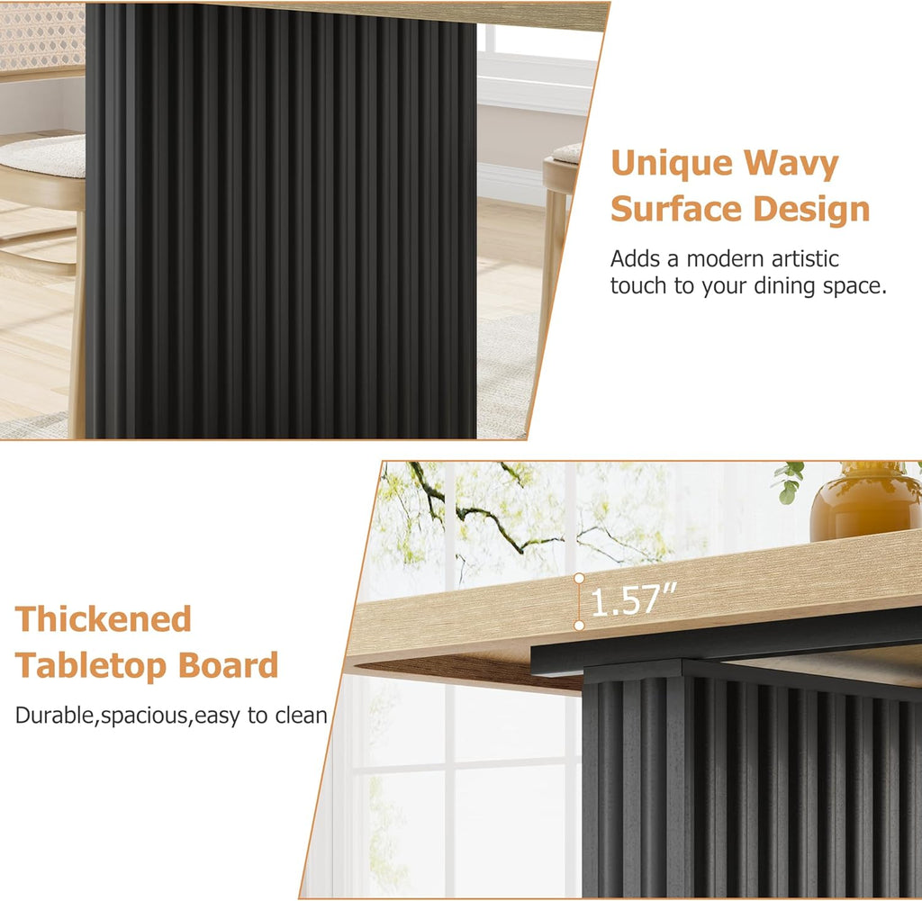 Garvee Modern Dining Table for 6-8, 71" Rectangular Farmhouse Kitchen Table with 3.6"×22.9" Black Fluted Wave Metal Legs & Wooden Top, Large Dining Table for Home Office, Dining, Natural