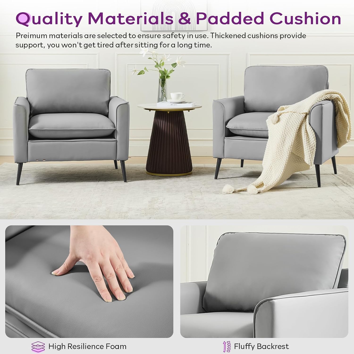 Faux Leather Accent Chair, Office Armchairs with Metal Legs (Grey, 1)