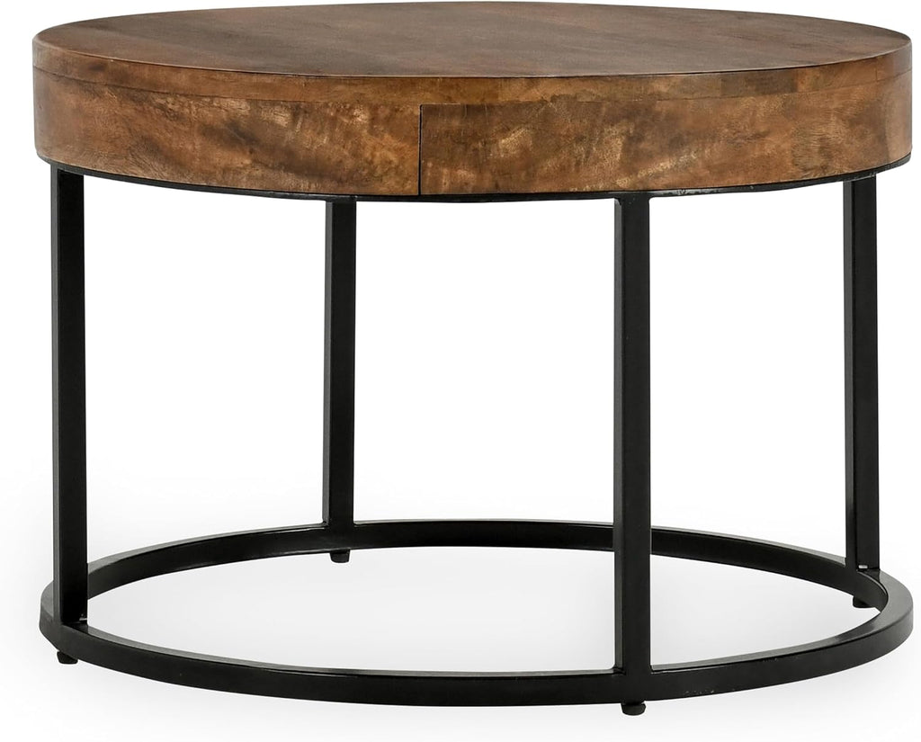 32" Natural Grain Side Coffee Table, Small Nesting Tables with Sturdy Iron Base, Nesting Table Set with Transitional Styling for Versatile Home Usage Areas, Brown+Black