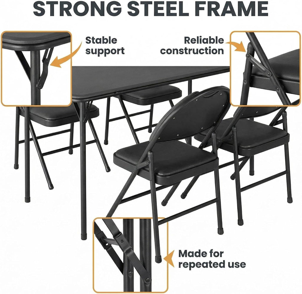 IDEALHOUSE 5 Piece Protable Folding Card Table and Chairs Set, Black | Foldable PU Upholstered Table and Chairs Set of 5, Metal Frame, for Dining Room, Living Room, Office, Camping