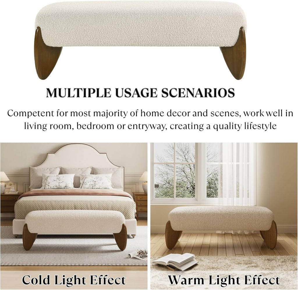 Ya-Home Modern Boucle Bedroom Bench, 50” Upholstered End of Bed Bench with Comfy Seat/Solid Wood Legs, Wooden Entryway Window Ottoman Bench for Living Room/Hallway, Beige