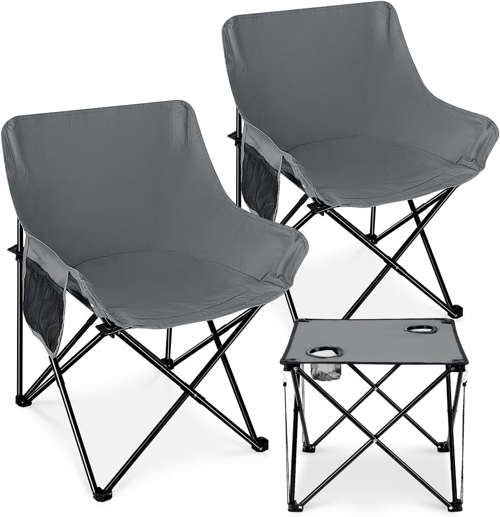 Leonyo Camping Chairs for Adults, 2 Pack Folding Lawn Chair & Table, Grey | Oversized & Portable Beach Chair for Outdoor Sports, Fishing, Rv Travel, Picnic