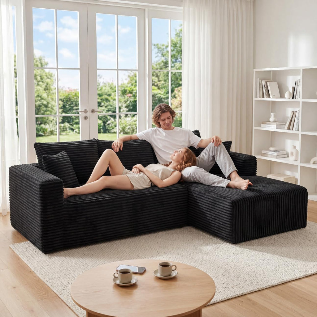 92.5" Modular Sectional Sofa, L-Shaped Cloud Couch with Deep Seats & Chaise, Convertible 4-in-1 Corduroy Couches for Living Room, Bedroom, No Need Assembly - Black(Right Facing Chaise)