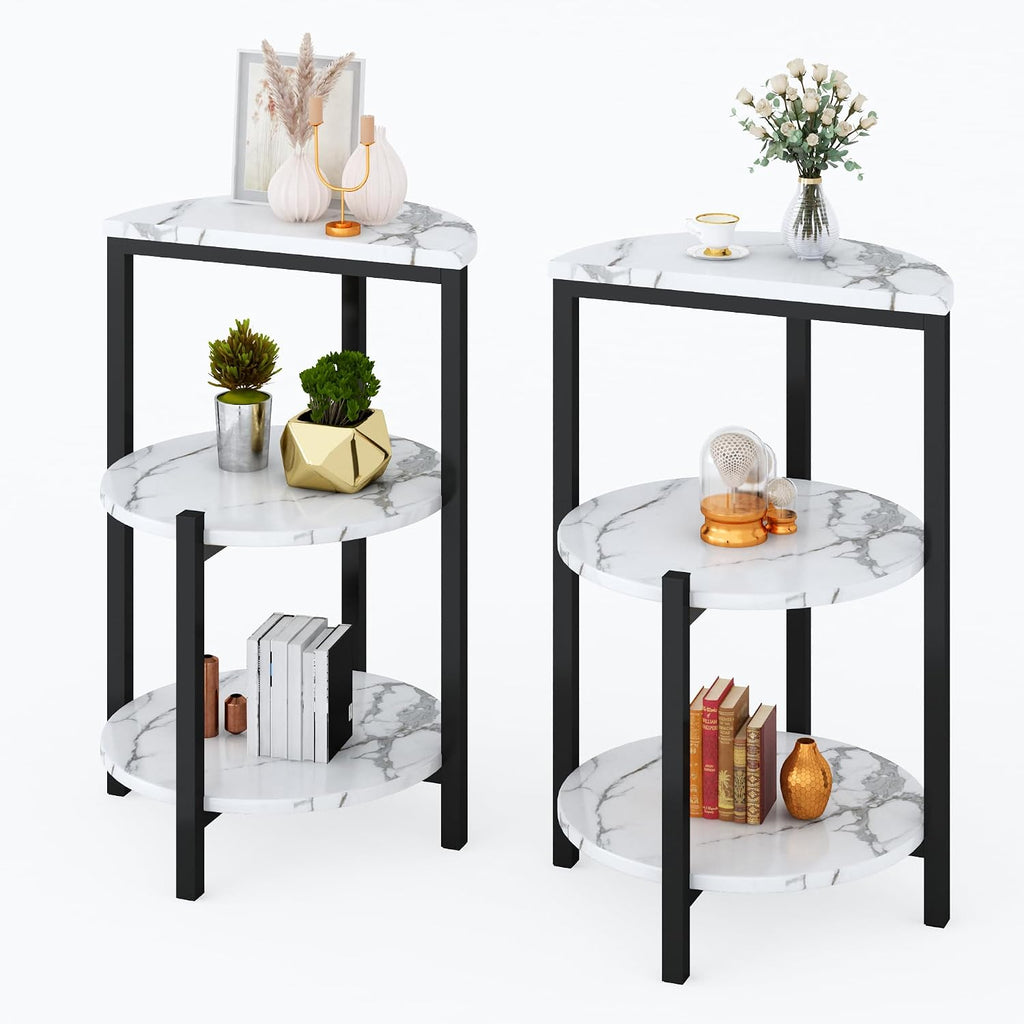 White and Black End Tables Set of 2, Round Marble Nightstand Set of 2 for Bedroom 3-Tier Marble Side Table Small Coffe Table with Metal Legs,Modern Sofa Table Accent Table for Living Room