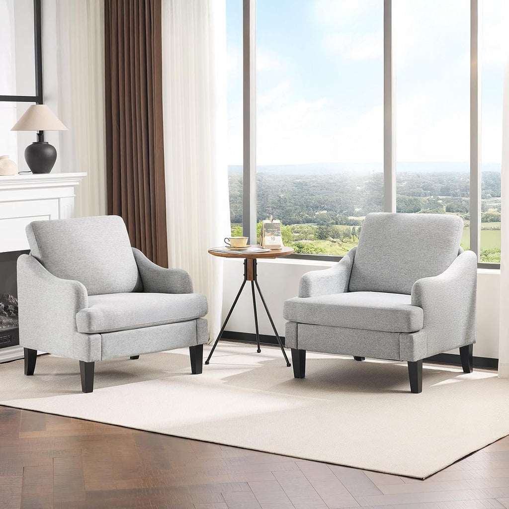 VINGLI Linen Fabric Accent Chairs Set of 2, Grey Modern Upholstered Armchair, Comfy Sofa Chair Living Room Bedroom Furniture for Apartment