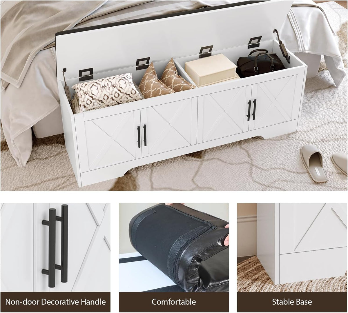 DreamDashio Storage Bench with Cushion, 47.2" End of Bed Storage Bench with Lift Top, Window Bench Seat with Storage for Bedroom, Mudroom, Entryway, Living Room & Hallway, White
