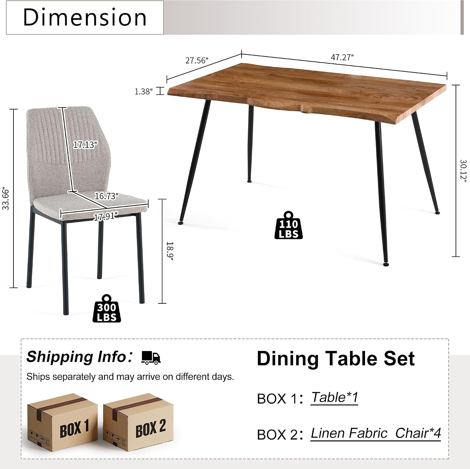 Dining Table Set for 4, Rectangle Dining Room Table Set for Small Spaces, Wood Kitchen Table and Chairs Set, Upholstered Table Chair Set, Light Brown