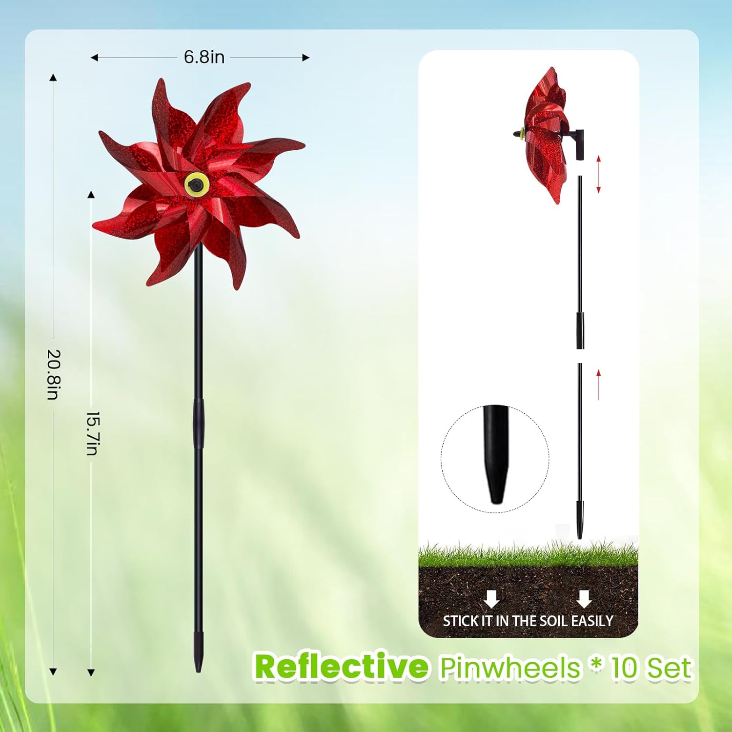10 PCS Reflective Pinwheels for Yard and Garden Bird Devices Pre-Installed Sparkly Wind Spinner Deterrent to Scare Birds Away from Yard Patio Farm (Red)