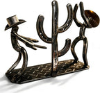 Cowboy Wine Bottle Holder Gift for Men - Heavy Duty Metal Cactus Wine Rack - Rustic Western Decor Countertop Stand - Unique Southwestern Sculpture for Bar, Kitchen, Office