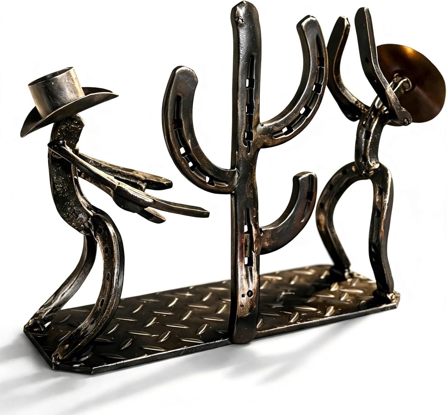 Cowboy Wine Bottle Holder Gift for Men - Heavy Duty Metal Cactus Wine Rack - Rustic Western Decor Countertop Stand - Unique Southwestern Sculpture for Bar, Kitchen, Office