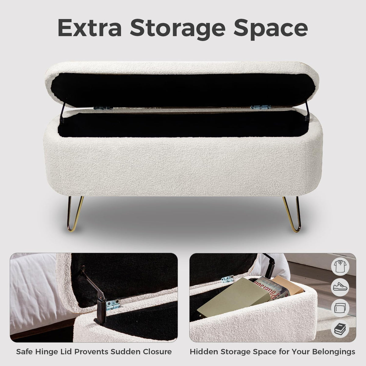 Boucle Storage Bench, Small End of Bed Bench for Bedroom, Entryway Bench with Storage, Sherpa Upholstered Ottoman Foot Rest for Living Room, Gold Legs, Cream