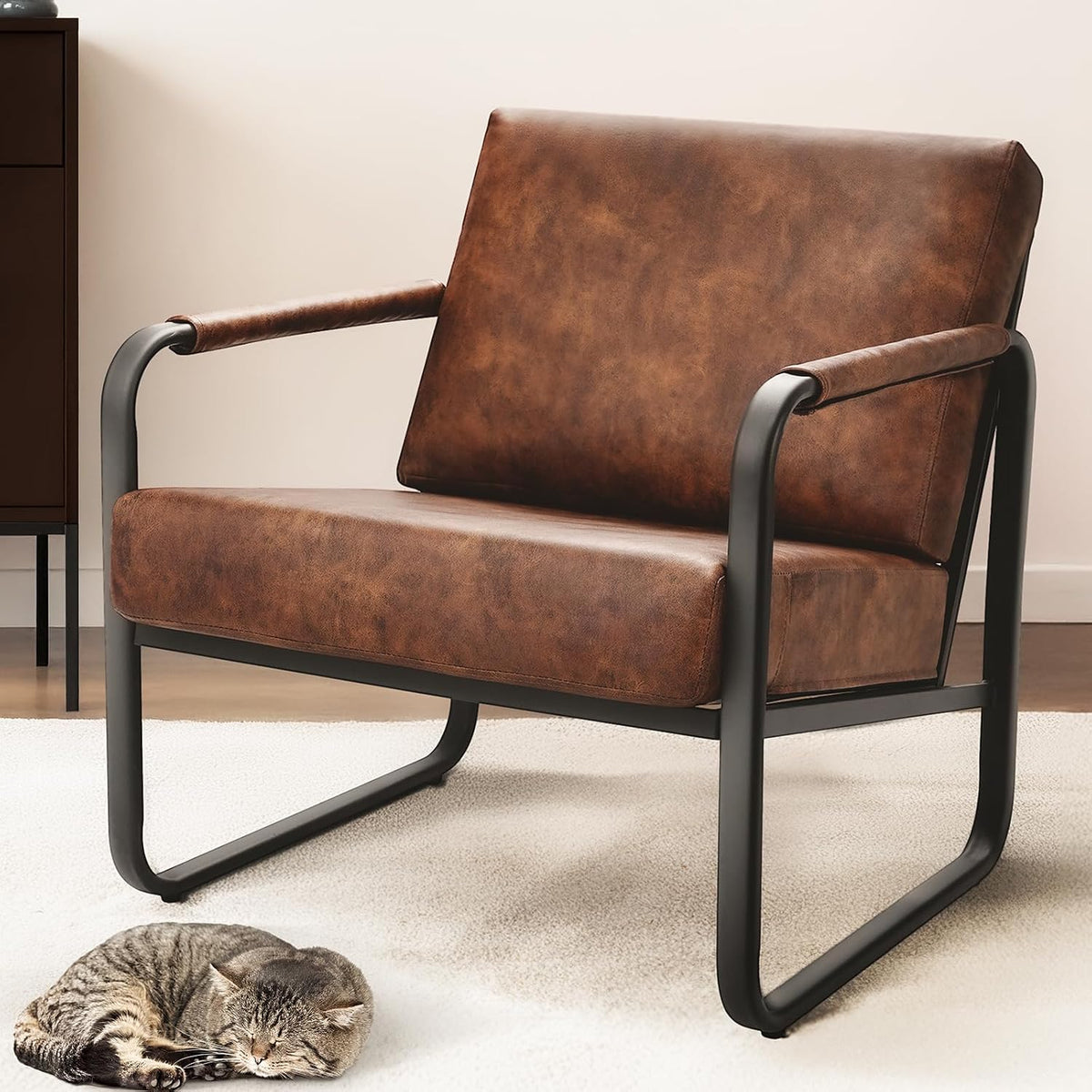 PrimeZone Faux Leather Mid-Century Modern Accent Chair, Brown