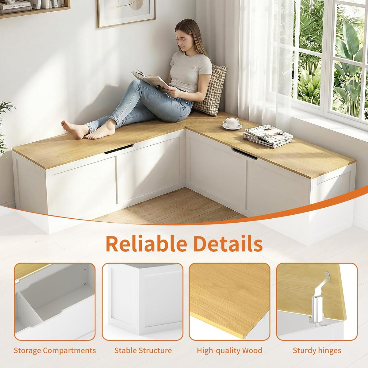 Zevemomo 63" L Shaped Storage Bench, White Breakfast Nook Benches, Corner Storage Bench with Hidden Storage for Dining Room, Kitchen, Entryway