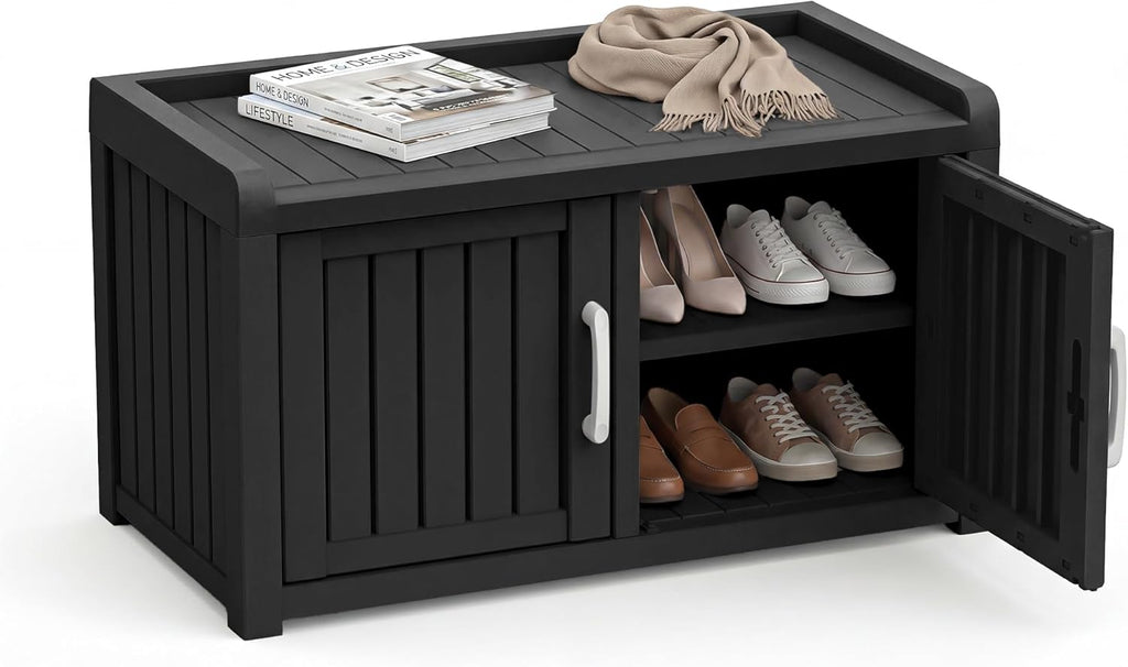 2-Tier Storage Bench, Waterproof UV-Resistant Outdoor Shoe Storage Cabinet ，Outdoor Shoe Rack with 2 Doors & Adjustable Shelves for Indoor Outdoor Entryway, Hallway, Living Room (Black)