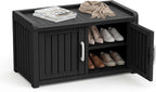 2-Tier Storage Bench, Waterproof UV-Resistant Outdoor Shoe Storage Cabinet ，Outdoor Shoe Rack with 2 Doors & Adjustable Shelves for Indoor Outdoor Entryway, Hallway, Living Room (Black)
