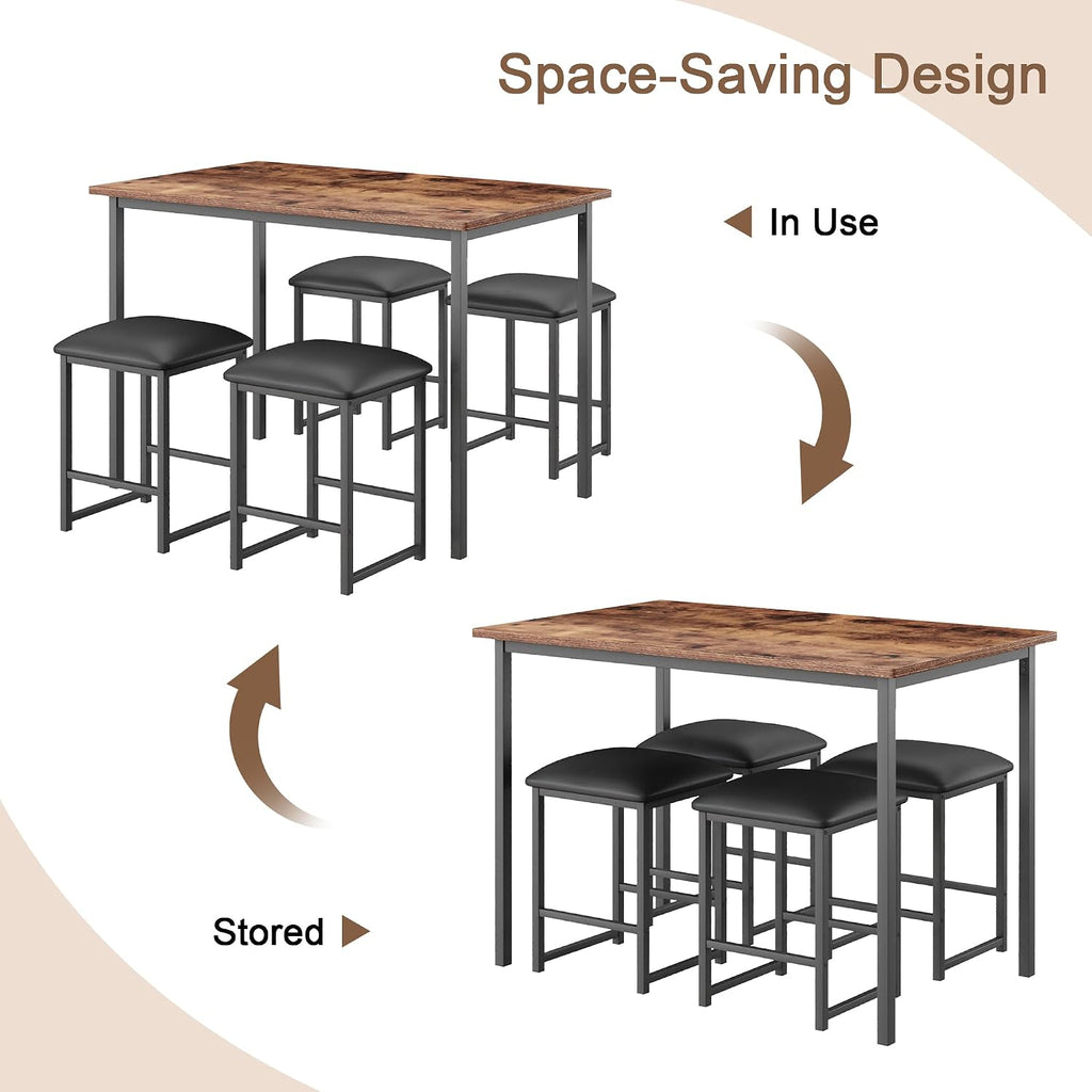 VECELO Kitchen Table and Chairs for 4, Dining Room Set with PU Chairs/Stools, Heavy-Duty Metal Frame, Wooden Tabletop, Space-Saving Design for Small Spaces, Easy Assembly, Vintage Brown & Black
