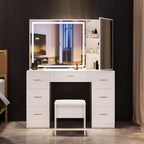Wildhome Vanity Desk with Mirror and Lights, Makeup Vanity Desk with 7 Drawers & Cushioned Stool, Hidden Cabinet, Brightness Adjustable, Vanity Table for Bedroom, Dressing Room, Women, Girl (White)