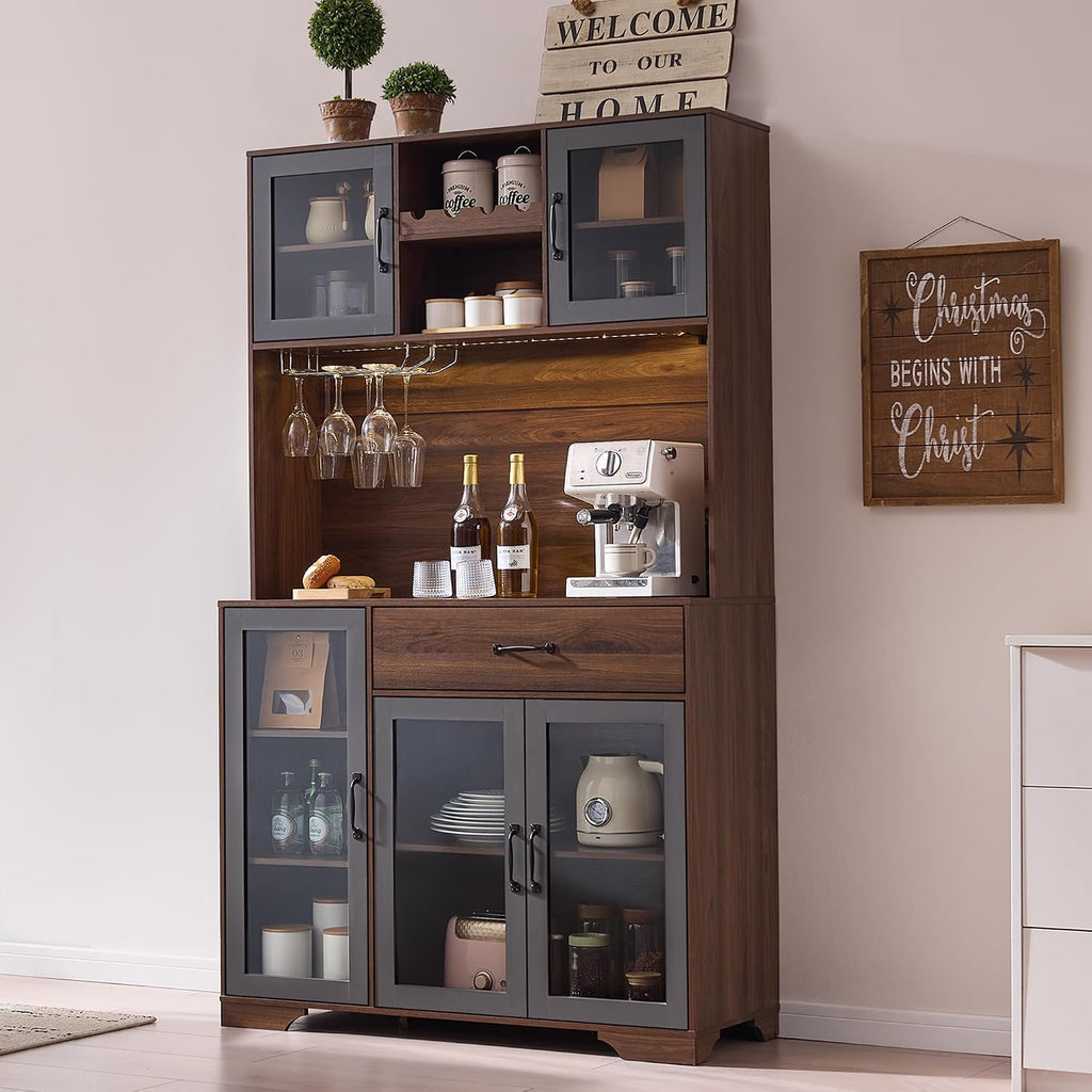 Fatmok 71" Tall Pantry Cabinet with Glass Doors, Kitchen Hutch Storage Cabinet, Coffee Bar & Liquor Cabinet with Charging Station & LED Lights, Wine Rack, Adjustable Shelves＆Large Drawer, Brown