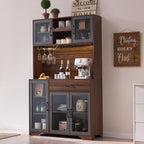 Fatmok 71" Tall Pantry Cabinet with Glass Doors, Kitchen Hutch Storage Cabinet, Coffee Bar & Liquor Cabinet with Charging Station & LED Lights, Wine Rack, Adjustable Shelves＆Large Drawer, Brown