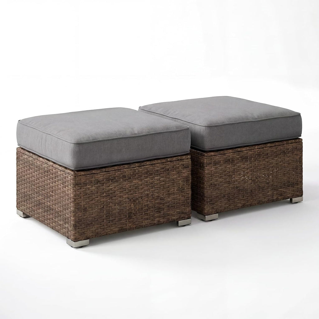 SUNBURY 2 Piece Outdoor Wicker Patio Ottoman Set, 30" Large Square Footrest with Thick Removable Cushion, All-Weather PE Rattan Stool for Backyard Poolside Porch, Grey