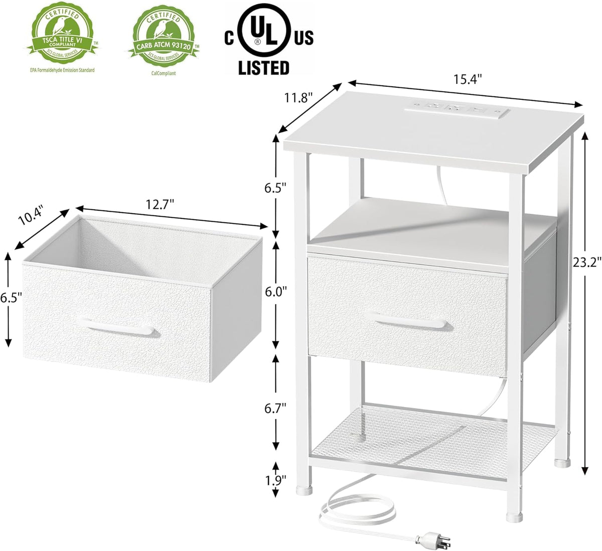 LAKEMID Nightstand with Charging Station,Bedside Table with Fabric Drawer,Bed Side Table with 20 Colors LED Light,Night Stand for Bedroom,White