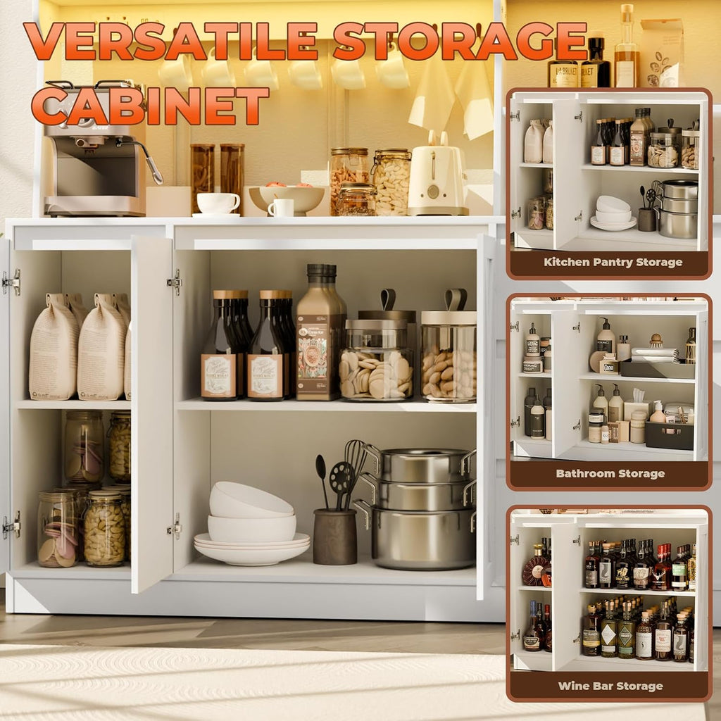 Gyfimoie Farmhouse Kitchen Pantry Cabinet with Power Outlet & LED Light, Large Coffee Bar Cupboard with Microwave Stand, 3 Doors & 3 Drawers, 7 Cup Holders & 8 Open Cubbies, Adjusted Shelves (White)
