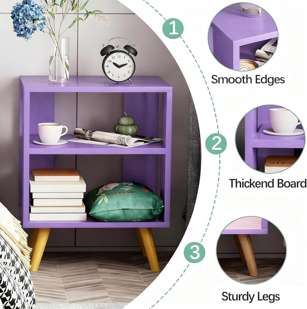 Aenuert Night Stand, Purple Nightstand, Modern End Table with Open Storage, 2-Tier Wooden Bedside Table for Small Space, Living Room, Bedroom