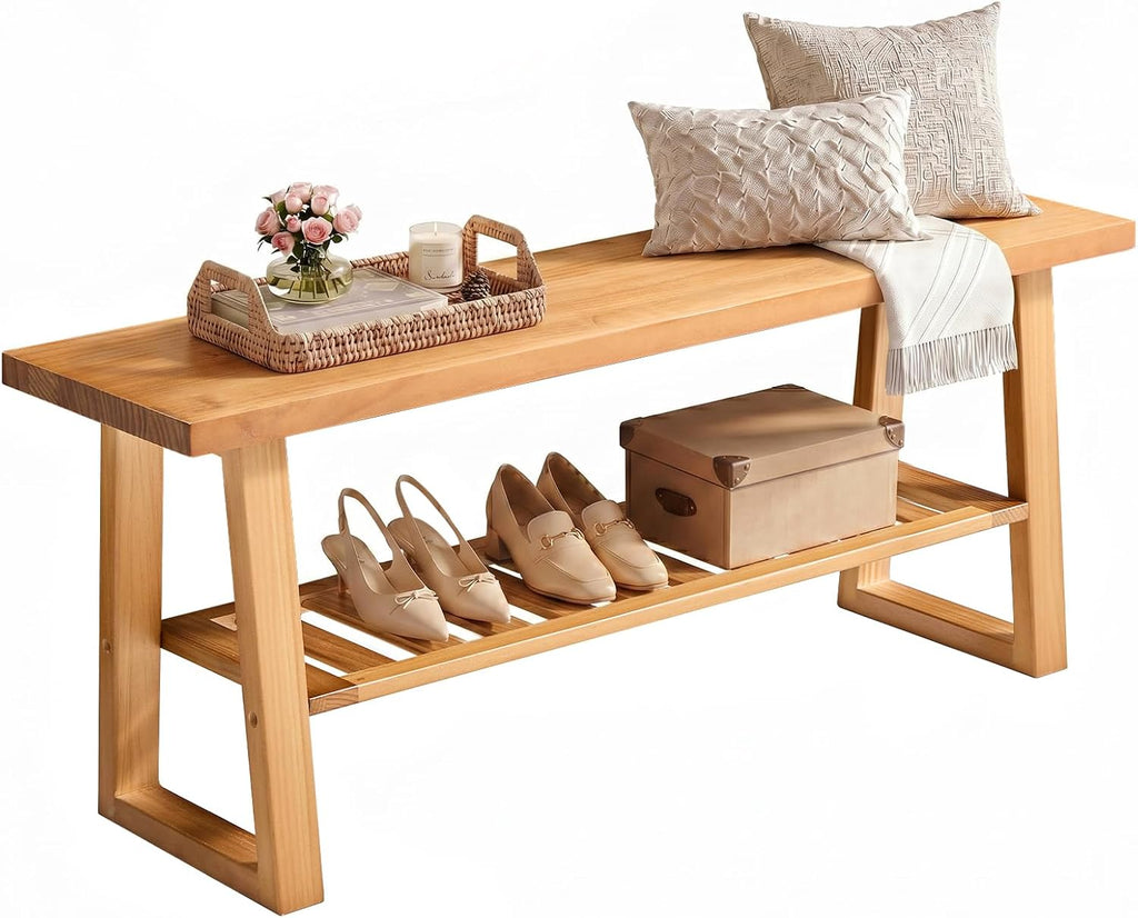Amada 43 Inch Solid Pine Wood Bench, Entryway Bench with Shoe Storage Shelf, Farmhouse Indoor End of Bed Bench, Rustic Bench for Hallway, Bedroom, Living Room, Dining Room