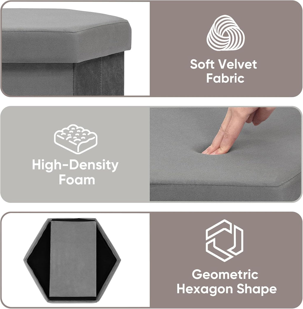 Hexagon Storage Ottoman, 15 Inch Foldable Footstool Charcoal Grey | Soft Velvet Upholstery, Hidden Storage, Compact Footrest, Small Accent Ottoman for Entryway, Living Room and Dorm
