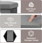 Hexagon Storage Ottoman, 15 Inch Foldable Footstool Charcoal Grey | Soft Velvet Upholstery, Hidden Storage, Compact Footrest, Small Accent Ottoman for Entryway, Living Room and Dorm