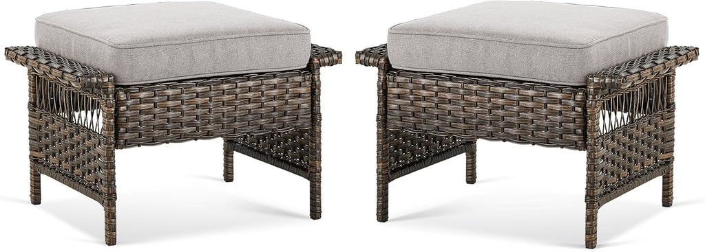 Patio Ottomans 2 Piece Outdoor Wicker Ottomans PE Rattan Footrest with Thickened Cushions Footstools for Garden Sunroom Deck Porch Balcony Poolside, Ottomans(2PCS), Brown|Beige