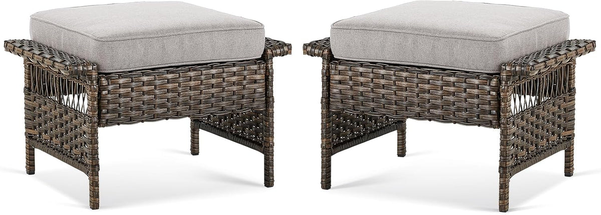 Patio Ottomans 2 Piece Outdoor Wicker Ottomans PE Rattan Footrest with Thickened Cushions Footstools for Garden Sunroom Deck Porch Balcony Poolside, Ottomans(2PCS), Brown|Beige