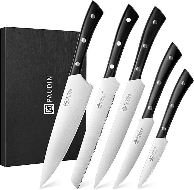 PAUDIN Kitchen Knife Set, 5 Pieces Knives Set for kitchen, Ultra Sharp Kitchen Knives, High Carbon Stainless Steel Knife Set, Precise Cutting with Ergonomic Handle