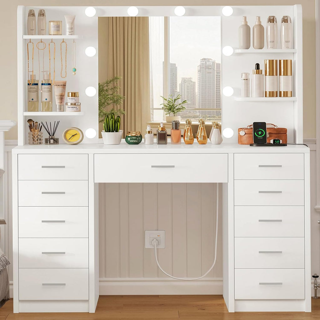 FIONESO Large Vanity Desk with Mirror and Lights, Makeup Vanity with 11 Drawers & 6 Open Shelves, 3 Lighting Modes, Brightness Adjustable, Vanity for Girls, White