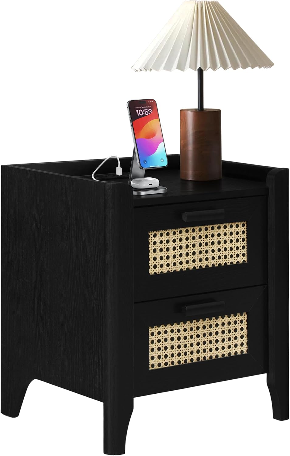 ELISA HOME Rattan-Inspired 2 Drawer Nightstand with Charging Station, Bedside Table with Drawers, Night Stand for Bedroom, End Table or Side Table for Living Room, 15.5" D x 18.9" W x 21.7" H, Black